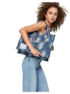 Sandro Kasbah Distressed Denim Tote Bag With Gold Charm Accent designer luxury